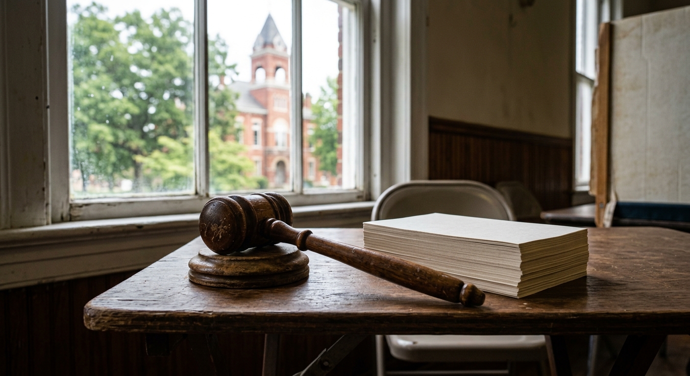 a worn wooden gavel resting next to a stack of blank paper voting ballots on a folding table, with a blurred traditional red brick county courthouse and green o