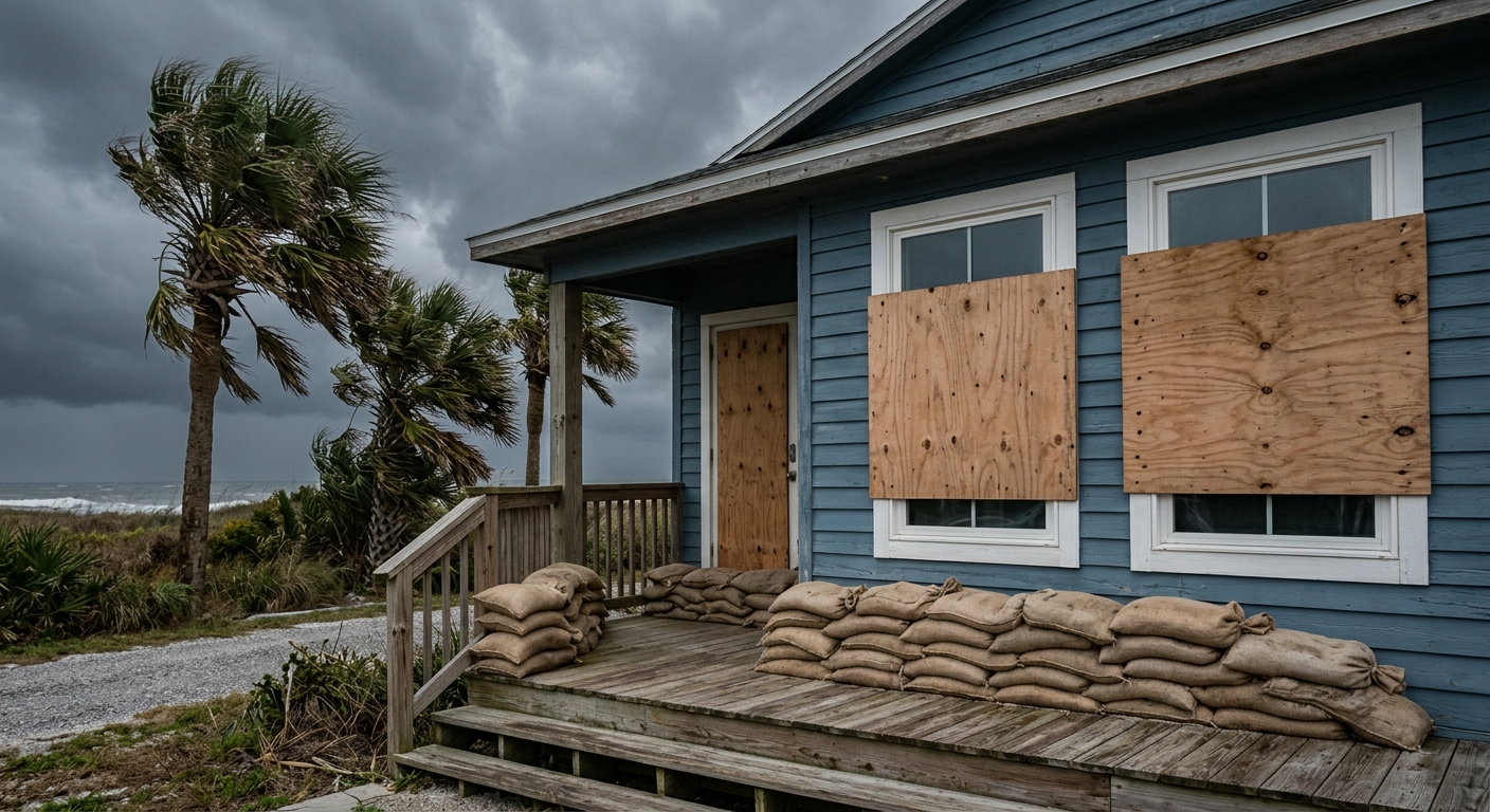 stacked sandbags and plywood-boarded windows on the front porch of a coastal home, palm trees bending in strong wind under a dark and heavy gray overcast sky, n