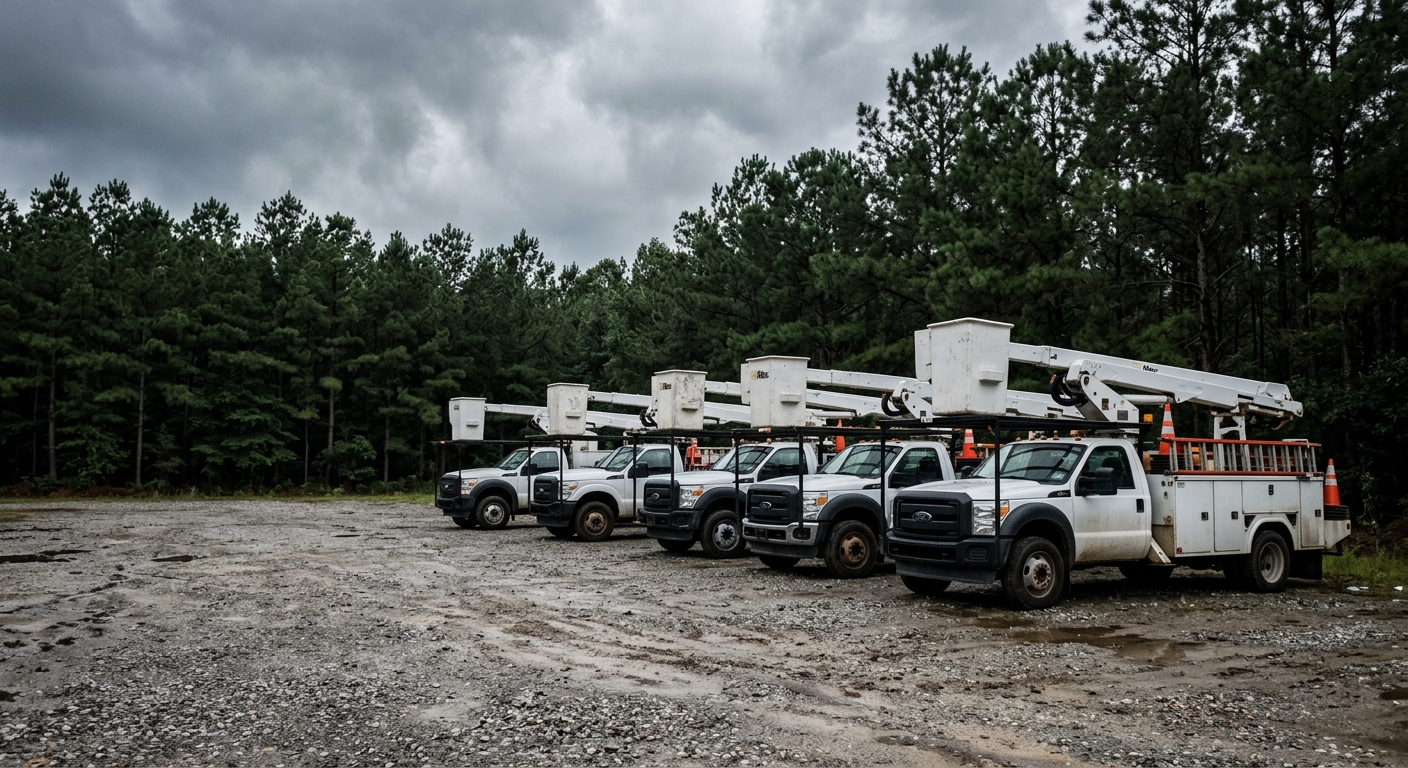 a row of white utility bucket trucks parked in a large gravel staging area surrounded by Southern pine trees under a heavy, grey overcast sky before a storm, na