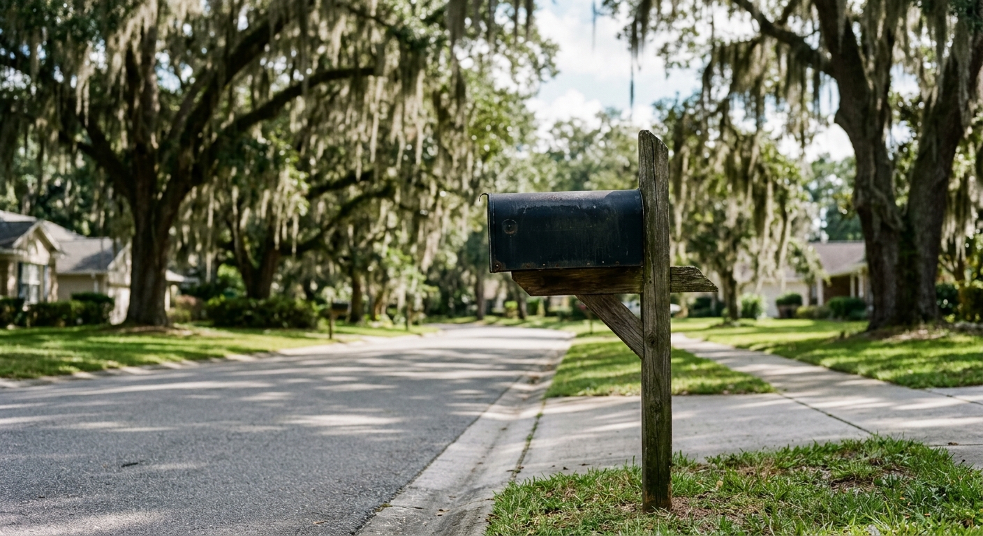 an empty residential curbside mailbox on a wooden post along a quiet suburban street, with large oak trees and hanging moss in the background, natural everyday