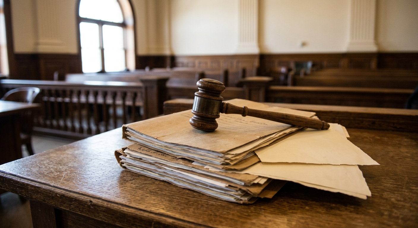 a wooden gavel resting on top of a stack of manila folders and plain legal documents on a heavy oak desk, with a blurred traditional courthouse interior featuri