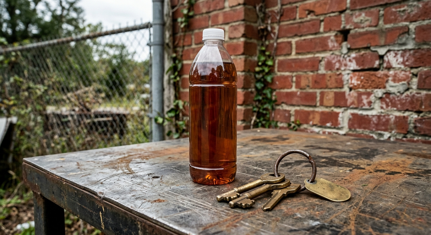 a plain plastic bottle filled with an amber liquid resting on a scratched metal table next to a set of heavy brass keys, with an out-of-focus weathered red bric