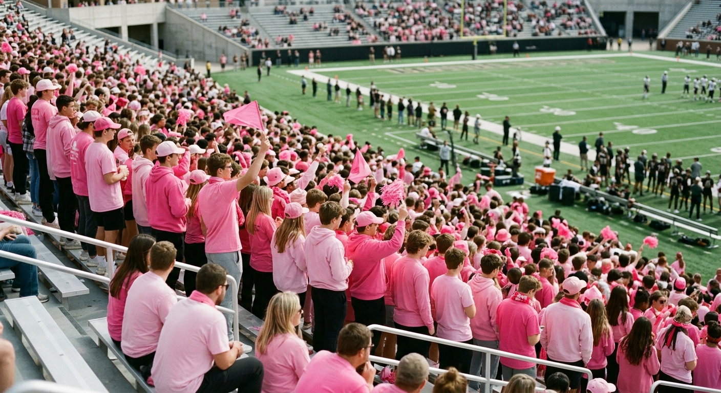 an outdoor college football stadium during a midday game, focusing on a crowd of fans in the bleachers wearing pink clothing for a breast cancer awareness event