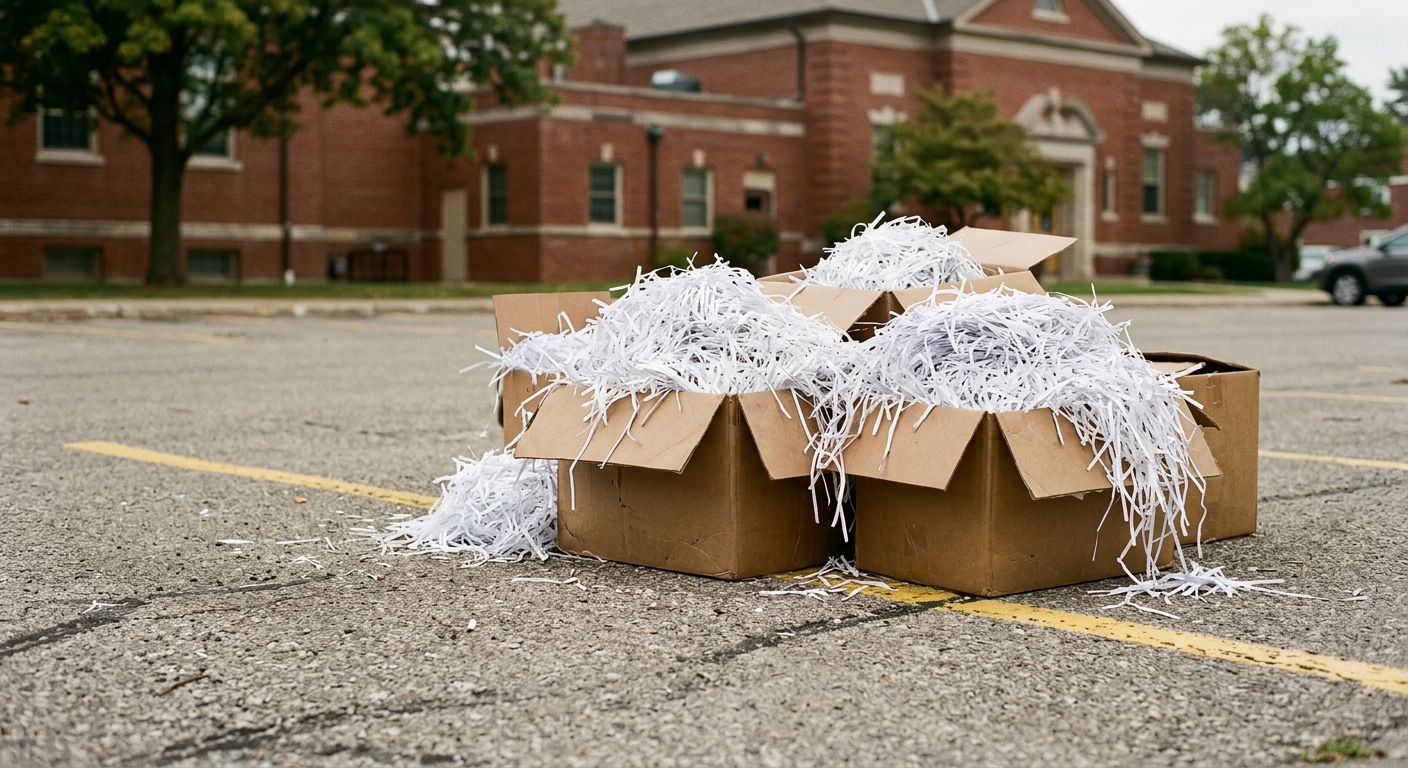 cardboard boxes overflowing with shredded white paper sitting on the asphalt of an outdoor parking lot, with a blurred red brick community building in the backg