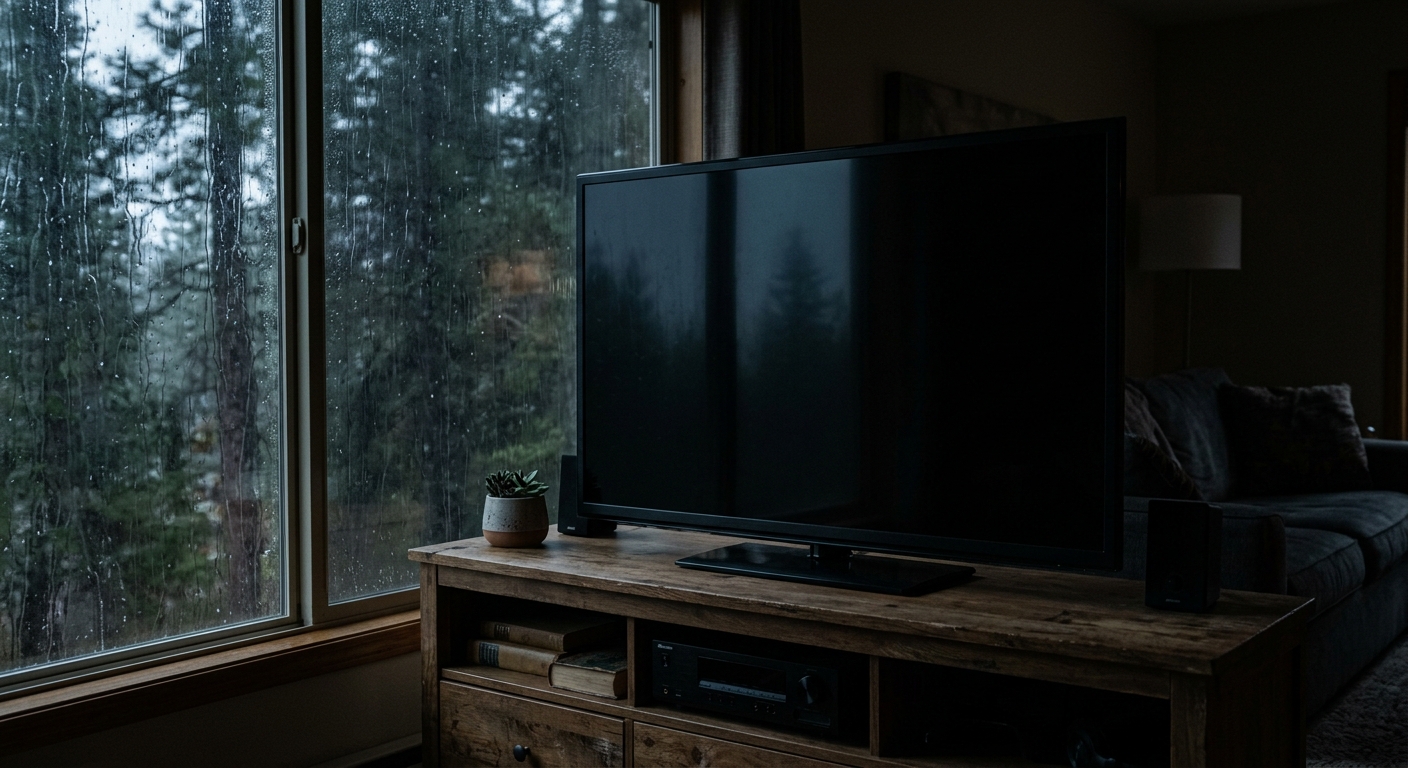 a flat screen television displaying a completely blank black screen sitting on a wooden media console in a dimly lit living room, heavy rain pouring against a n
