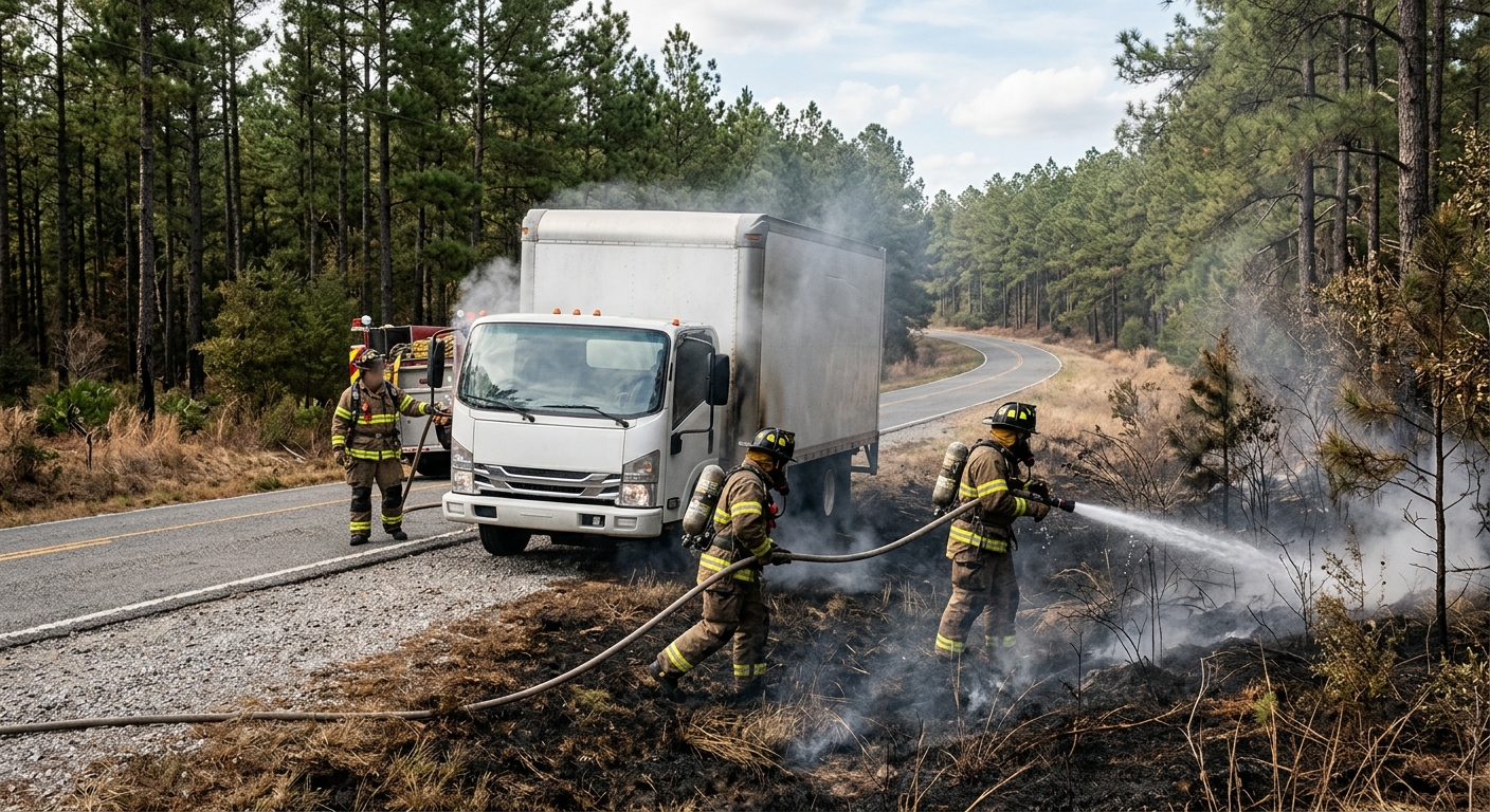 a generic white commercial delivery truck pulled over on a rural county road surrounded by pine trees and dry brush, with smoke rising from the vehicle as firef