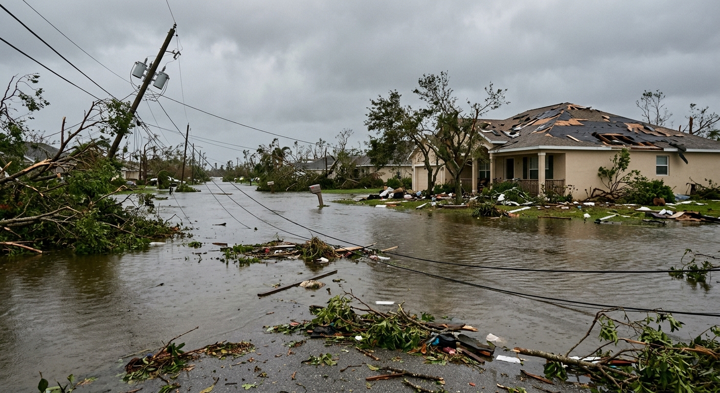 a flooded suburban street in the coastal Southern United States covered in scattered tree branches, debris, and downed power lines after a severe storm, featuri