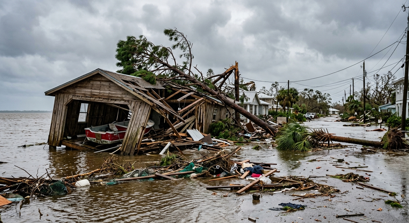 a partially collapsed wooden boat house and storm debris scattered across a flooded coastal street, with fallen palm and pine trees resting on damaged structure