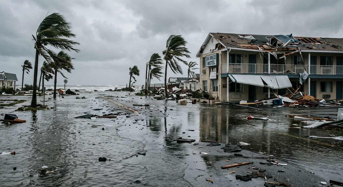 a flooded coastal street covered in standing water and scattered roofing debris, with bent palm trees blowing in heavy wind near a damaged beachfront motel, nat