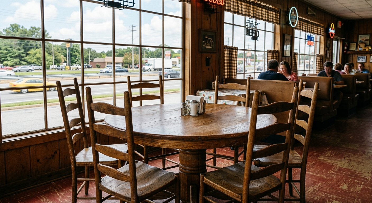 an empty round wooden dining table surrounded by chairs inside a casual Southern-style diner, with sunlight streaming through a large window overlooking a subur