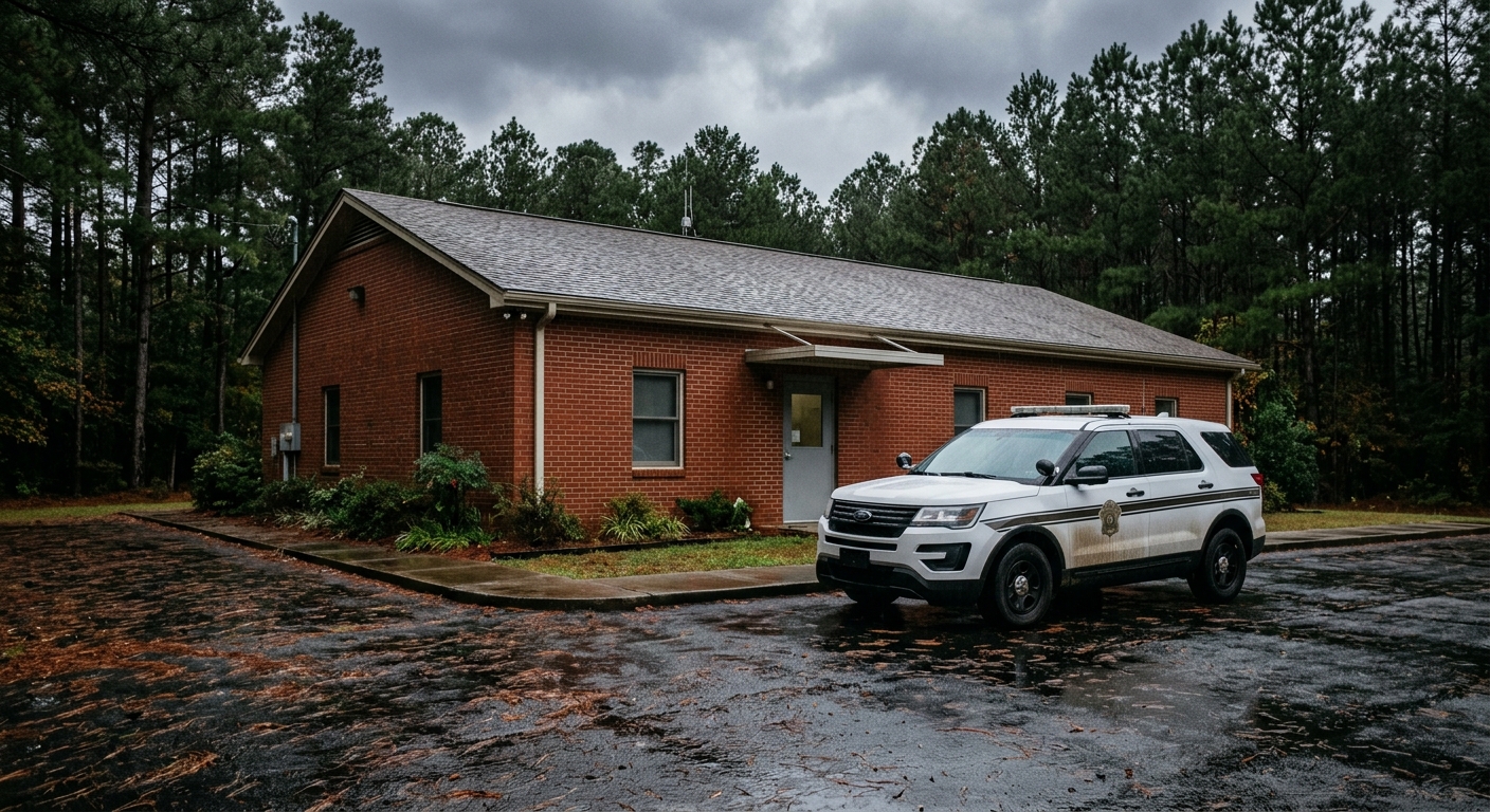 a police patrol car parked on a wet asphalt driveway outside a single-story institutional red brick building surrounded by tall pine trees on a rainy overcast d