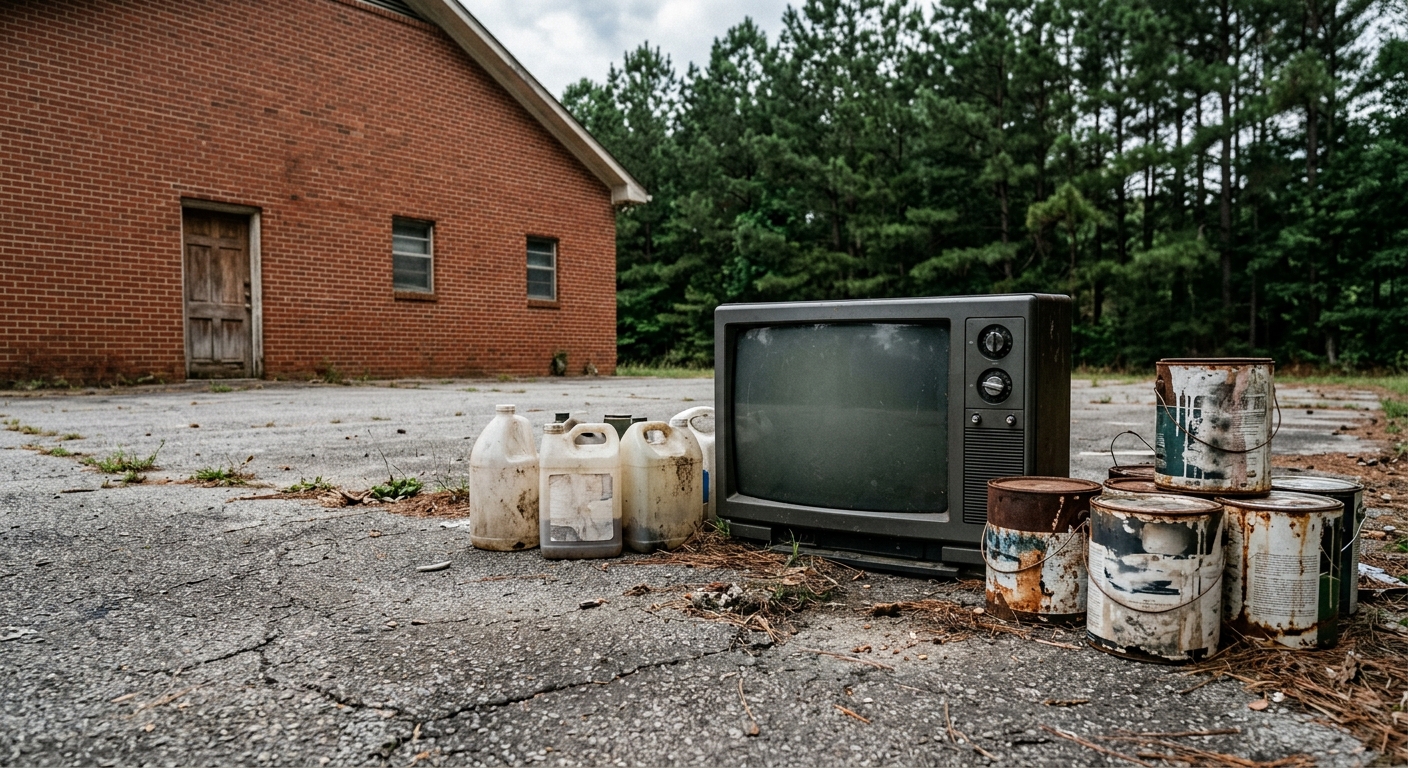 a cluster of old paint cans, a discarded bulky television set, and faded plastic jugs of household chemicals resting on a cracked asphalt parking lot near a bri