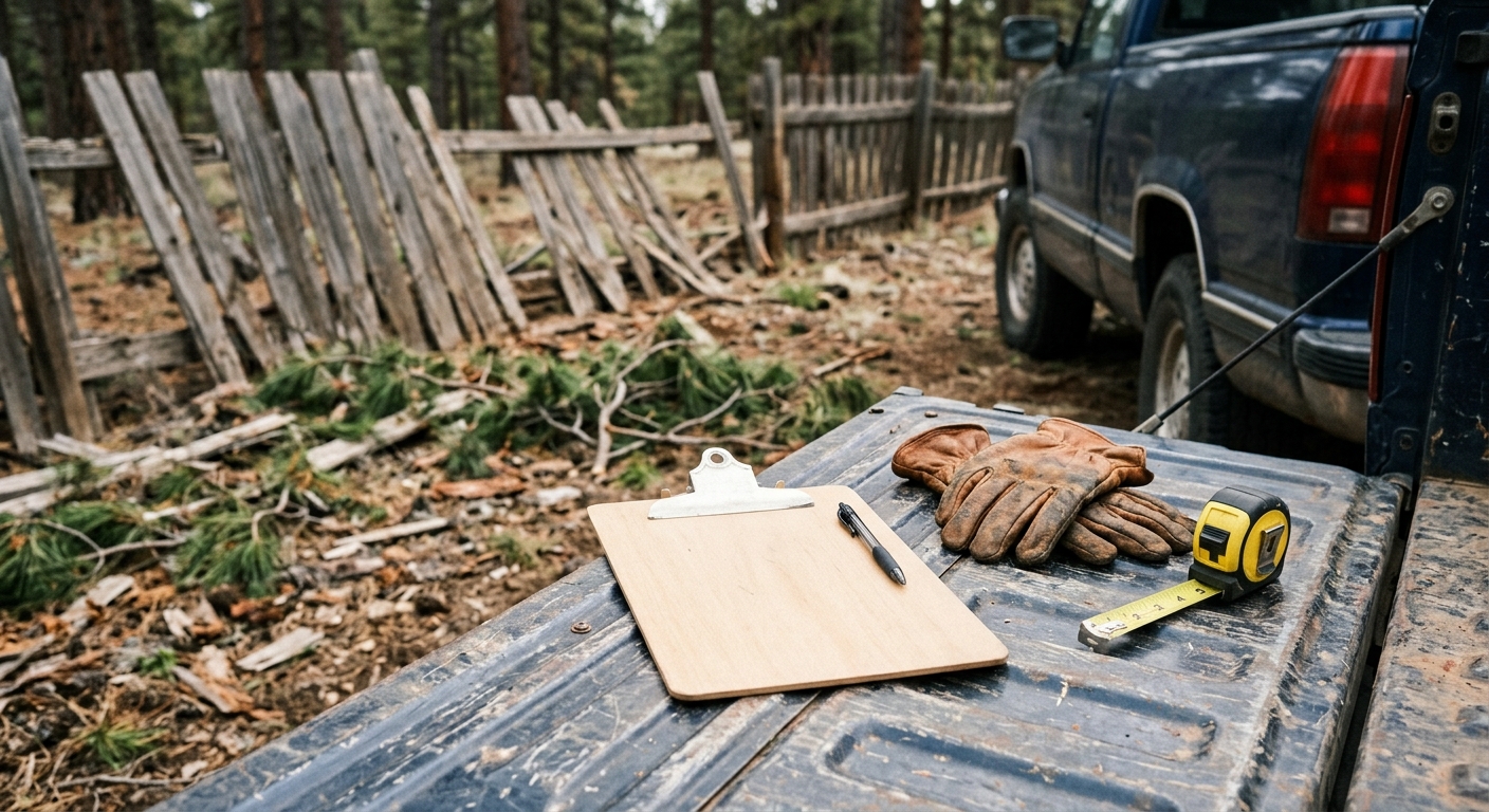 a blank clipboard with a pen, a pair of worn leather work gloves, and a tape measure resting on the tailgate of a pickup truck, with scattered pine branches and