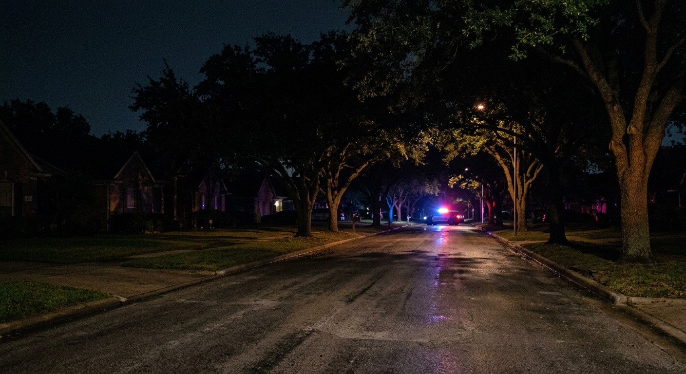 an empty suburban street illuminated by the distant red and blue lights of a police vehicle during the early morning hours, with mature oak trees lining the roa