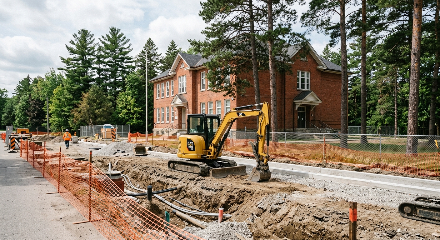 an active construction zone next to a traditional red-brick public school building, featuring a small yellow excavator parked near a freshly dug dirt trench wit