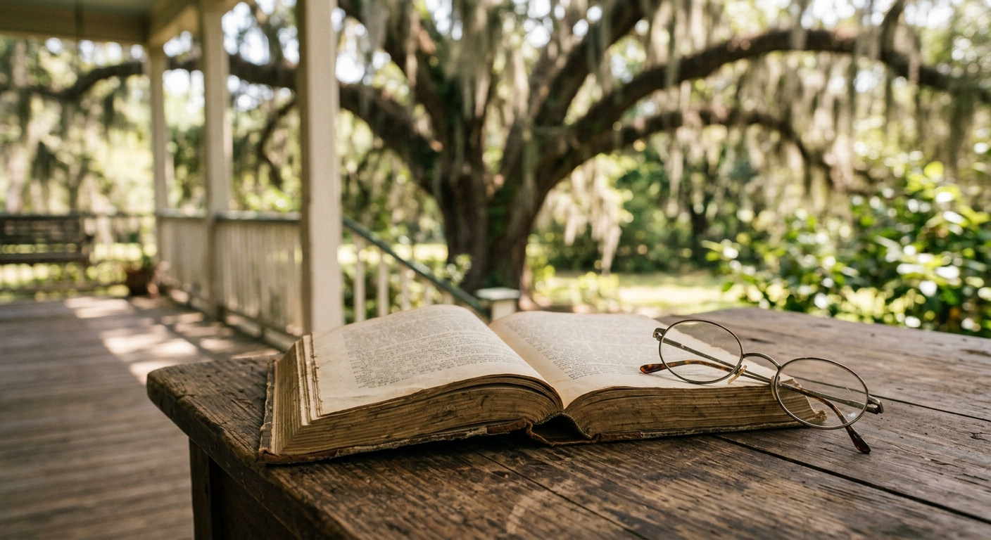 an open, weathered book and a pair of reading glasses resting on a rustic wooden porch table, with a large live oak tree draped in Spanish moss in the soft back