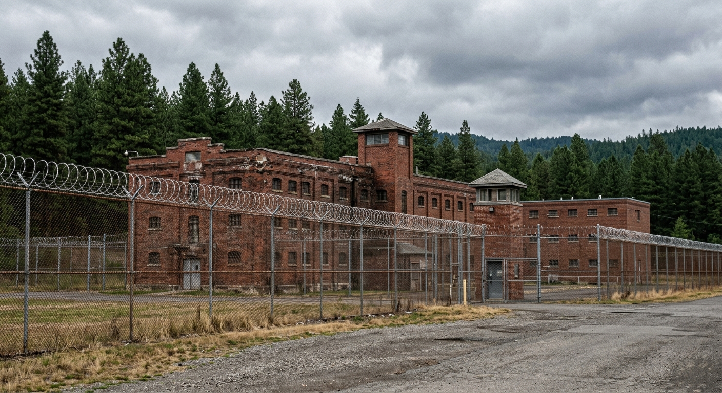 the exterior of a weathered red-brick correctional facility surrounded by a tall chain-link fence with coiled wire, tall pine trees in the background under an o
