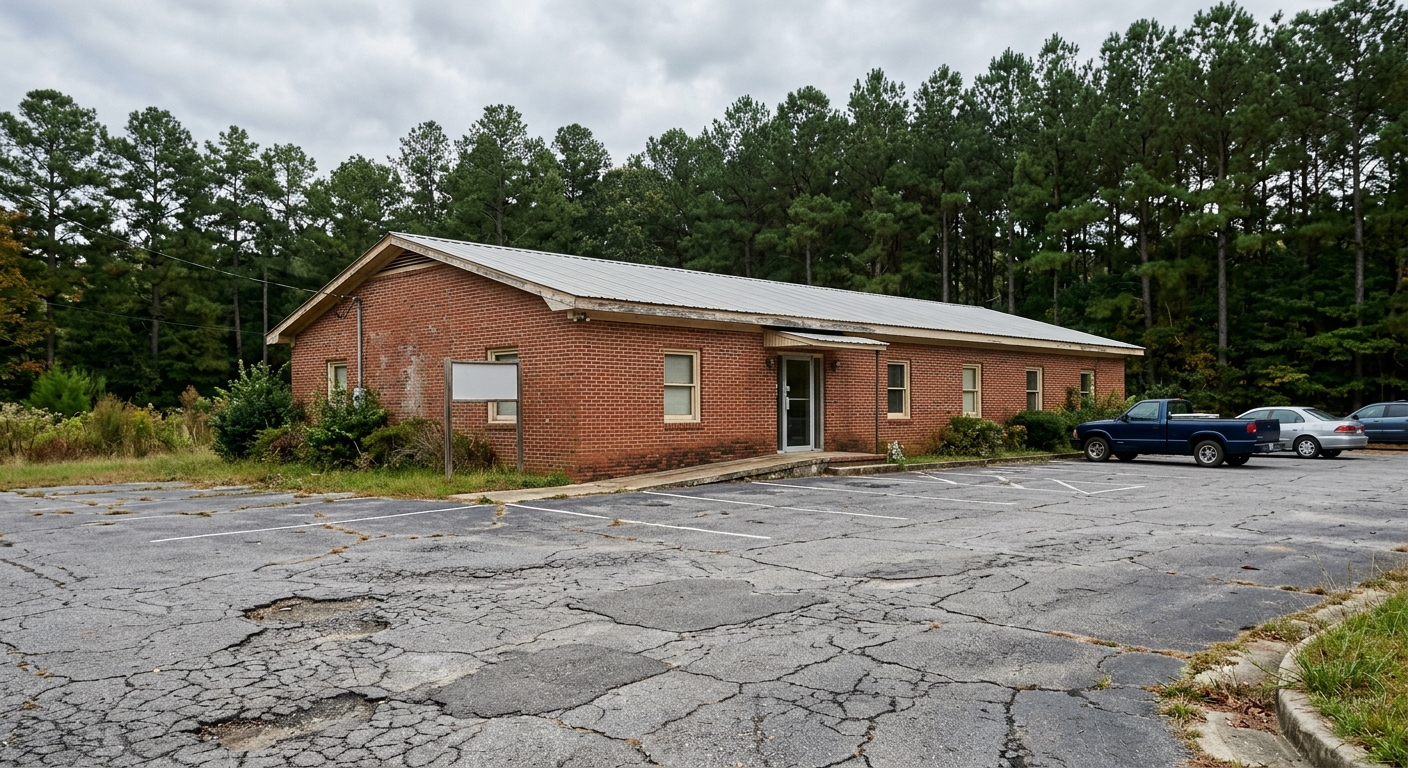 a modest, slightly weathered single-story brick medical clinic in a rural southern town setting, featuring a cracked asphalt parking lot and tall pine trees in
