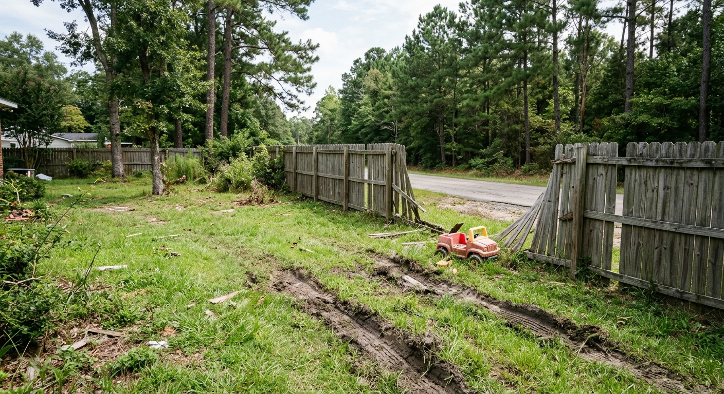 a damaged wooden privacy fence in a grassy suburban backyard bordering a rural asphalt road, deep tire tracks carved into the lawn, an abandoned plastic child's
