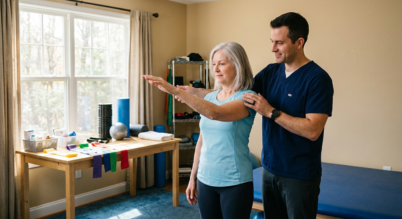 a physical therapist gently assisting a female patient with arm and shoulder mobility exercises in a comfortable rehabilitation room, sunlight streaming through