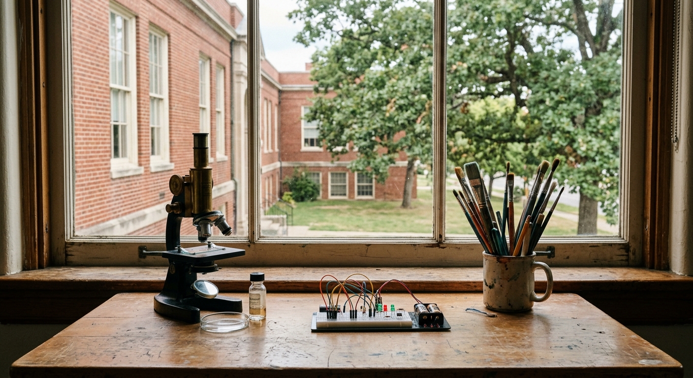 a wooden classroom desk near a window looking out at a red brick building and oak trees, featuring a simple microscope, a small electronic wiring kit, and an as