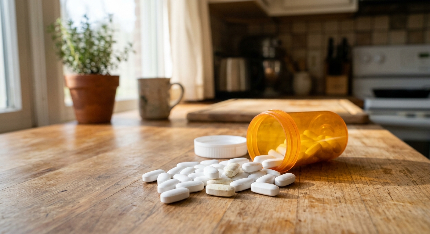 an open generic plastic medicine bottle with oval pill caplets spilling out onto a wooden kitchen counter in a typical American home, with a few caplets appeari