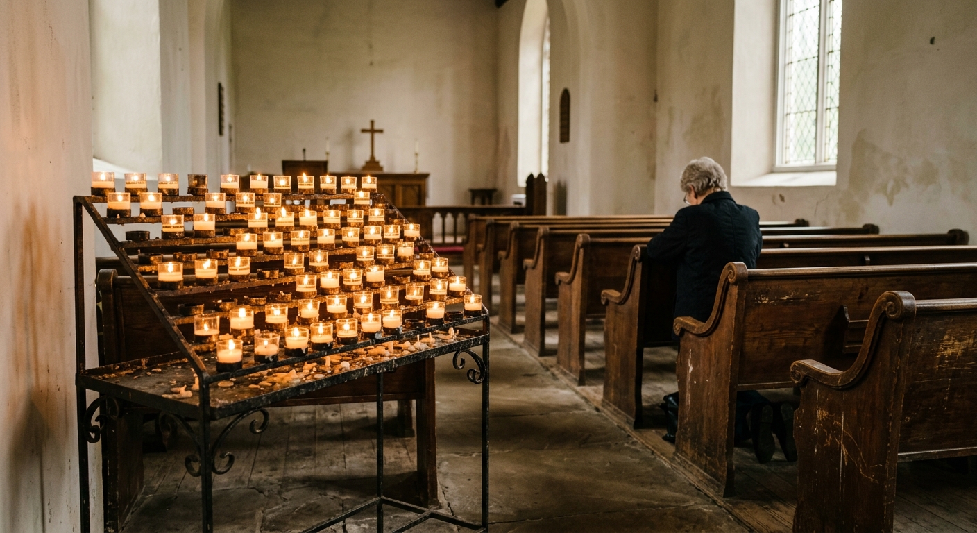 dozens of lit votive candles on a metal stand inside a traditional church with weathered wooden pews and pale walls, representing a quiet moment of prayer in a