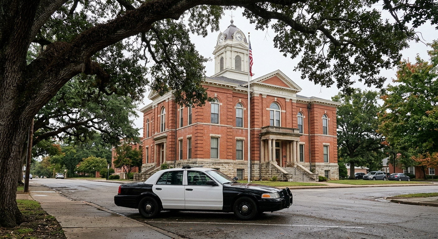 a black and white patrol vehicle parked in front of a classic red brick county justice building, framed by branches of a large oak tree, natural everyday lighti