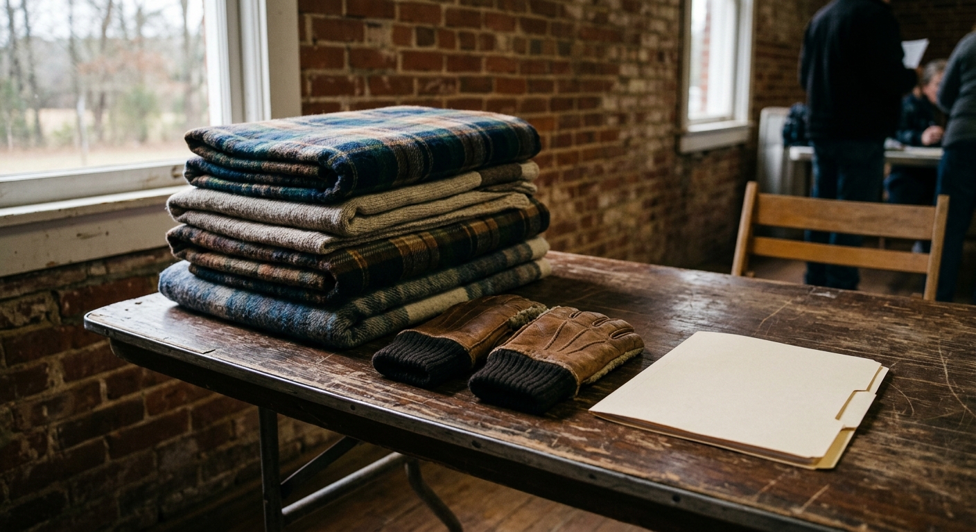 a stack of folded blankets, a pair of warm winter gloves, and a standard medical clinic folder resting on a worn wooden folding table inside a humble brick comm
