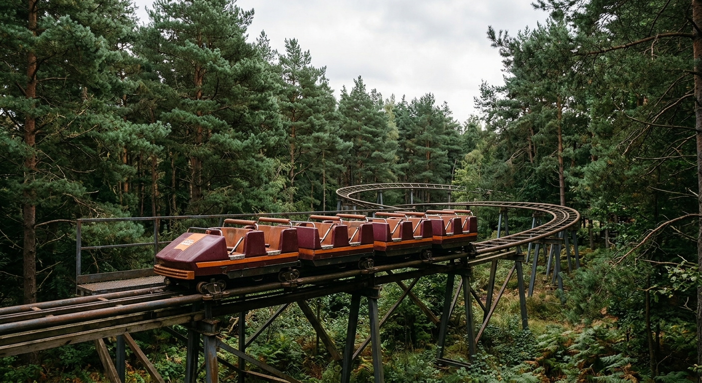 an empty roller coaster train with pull-down lap bar restraints sitting idle on elevated steel tracks, surrounded by tall pine trees on a mildly overcast aftern