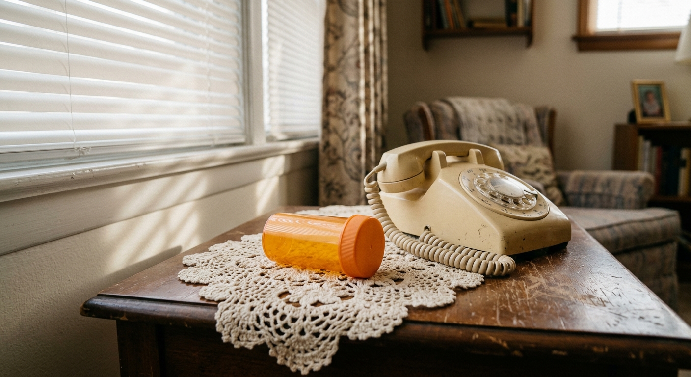 an empty, unlabeled orange prescription pill bottle resting next to an older landline telephone on a wooden side table with a floral doily, soft daylight filter