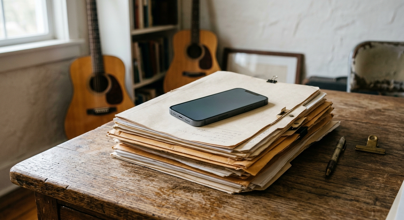 a modern smartphone resting on a stack of legal file folders and manila envelopes on a weathered wooden desk, with the wooden body of an acoustic guitar leaning
