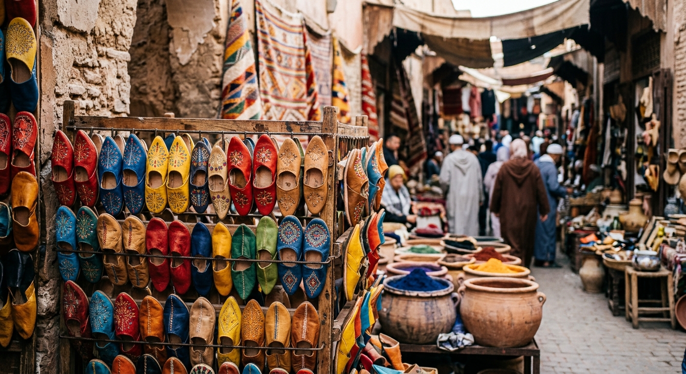 colorful traditional Moroccan babouche slippers displayed in a bustling outdoor market stall in a Medina, with woven rugs and clay dye vats slightly out of focu