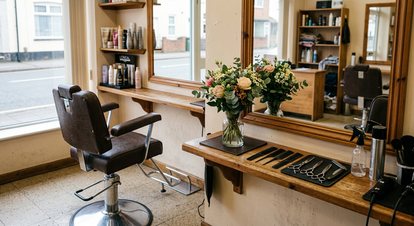 an empty vinyl styling chair facing a large mirror in a modest neighborhood hair salon, a bouquet of flowers resting on the counter next to neatly arranged comb