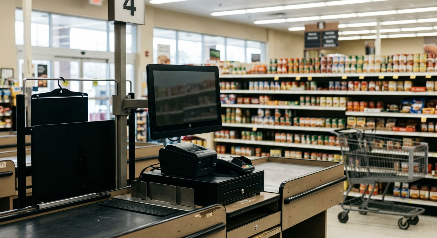 a dark, blank computer monitor at an unattended grocery store checkout lane, with out-of-focus shelves of canned goods and a shopping cart in the background, ty