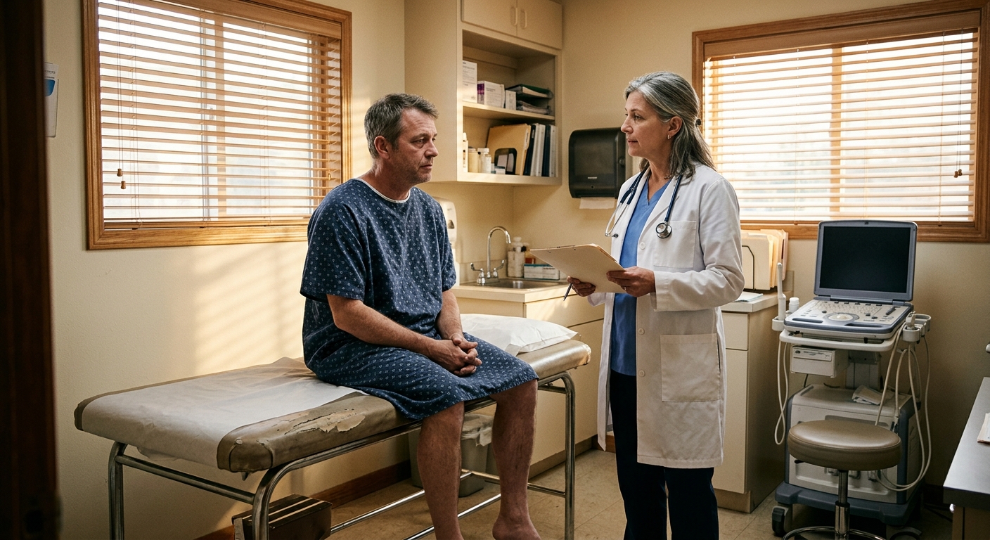 a middle-aged man wearing a medical gown sitting on an exam table in a modest doctor's office, a doctor in a white coat standing nearby, an ultrasound machine v