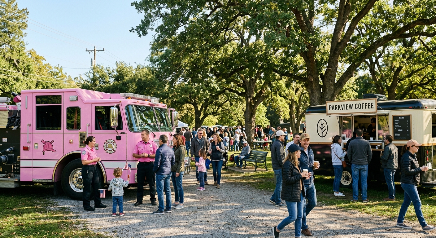 a local community event outdoors on a sunny morning, featuring attendees mingling around a large pink fire engine and a coffee truck parked near large oak trees