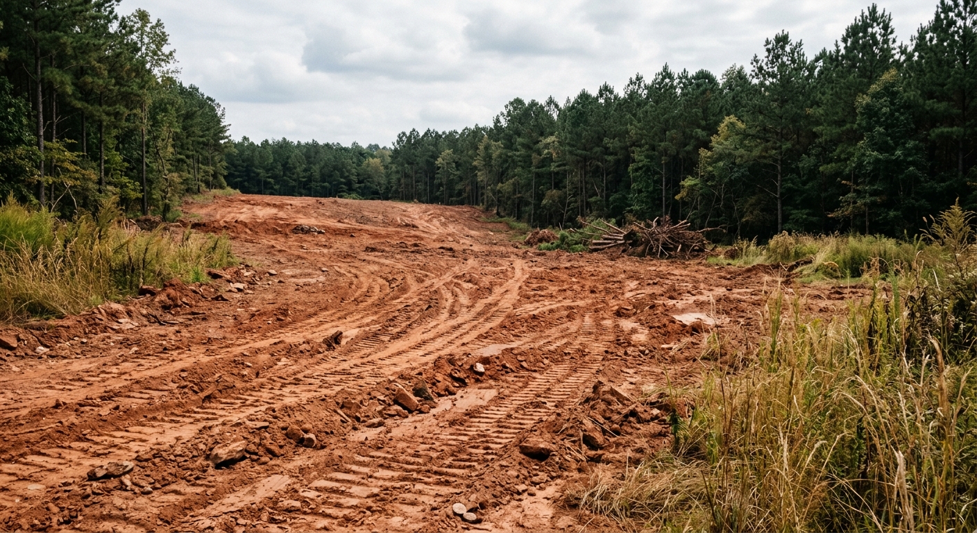 a large tract of cleared rural land with exposed red dirt and tire tracks from heavy machinery, bordered by dense pine trees and tall grass typical of the Ameri