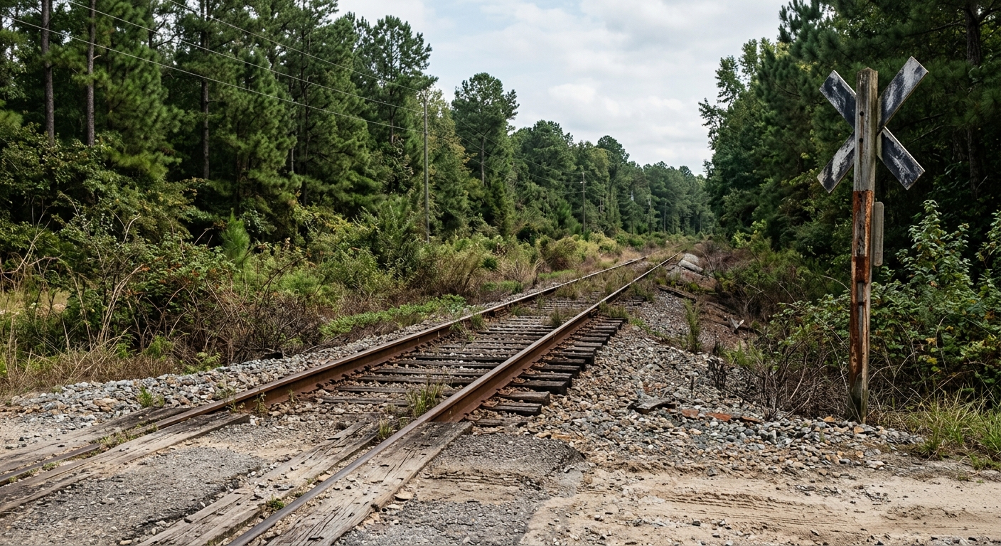 an aging rural freight railway crossing in a Southern landscape surrounded by pine trees and scrub brush, featuring weathered steel tracks and gravel, natural e
