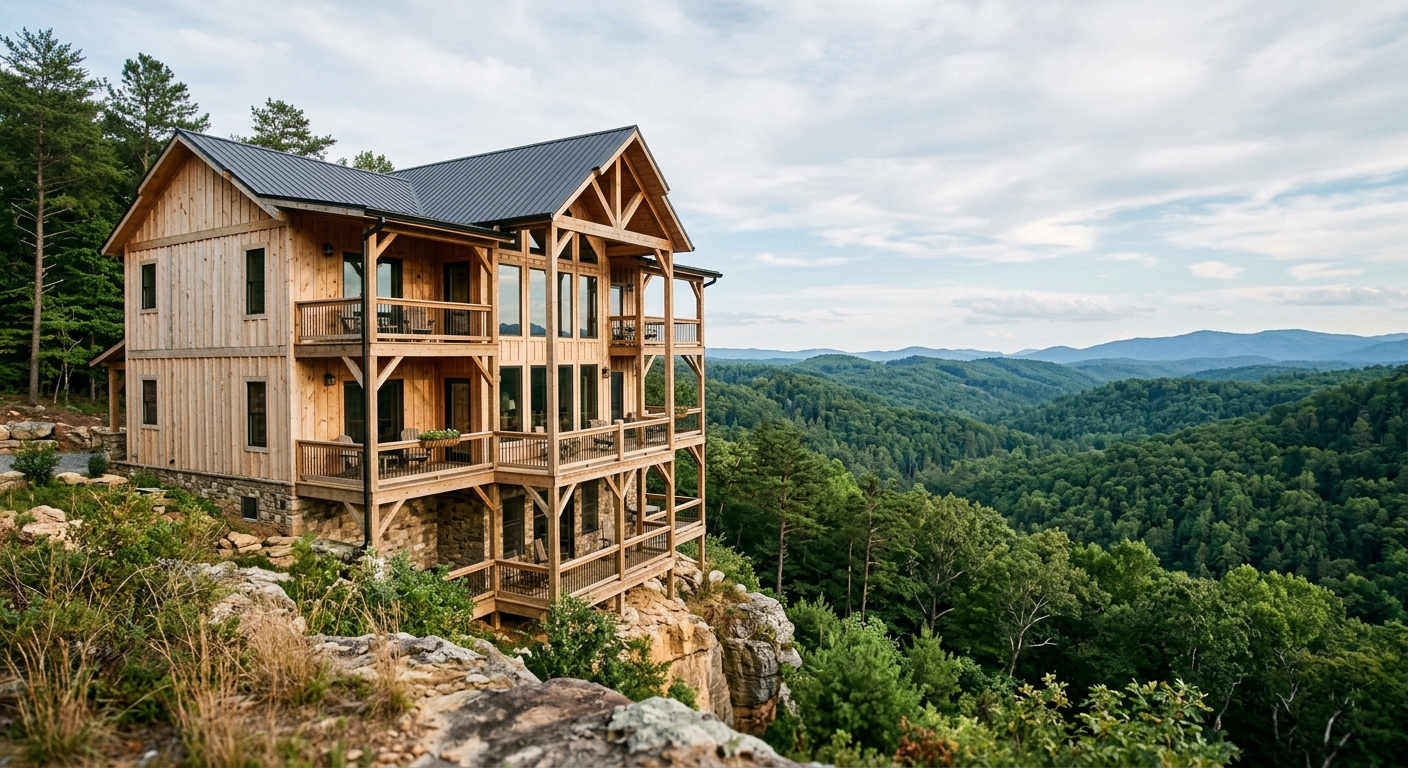 a newly constructed rustic modern mountain lodge made of light pine wood, featuring private balconies, perched on a rocky bluff overlooking a vast rolling green