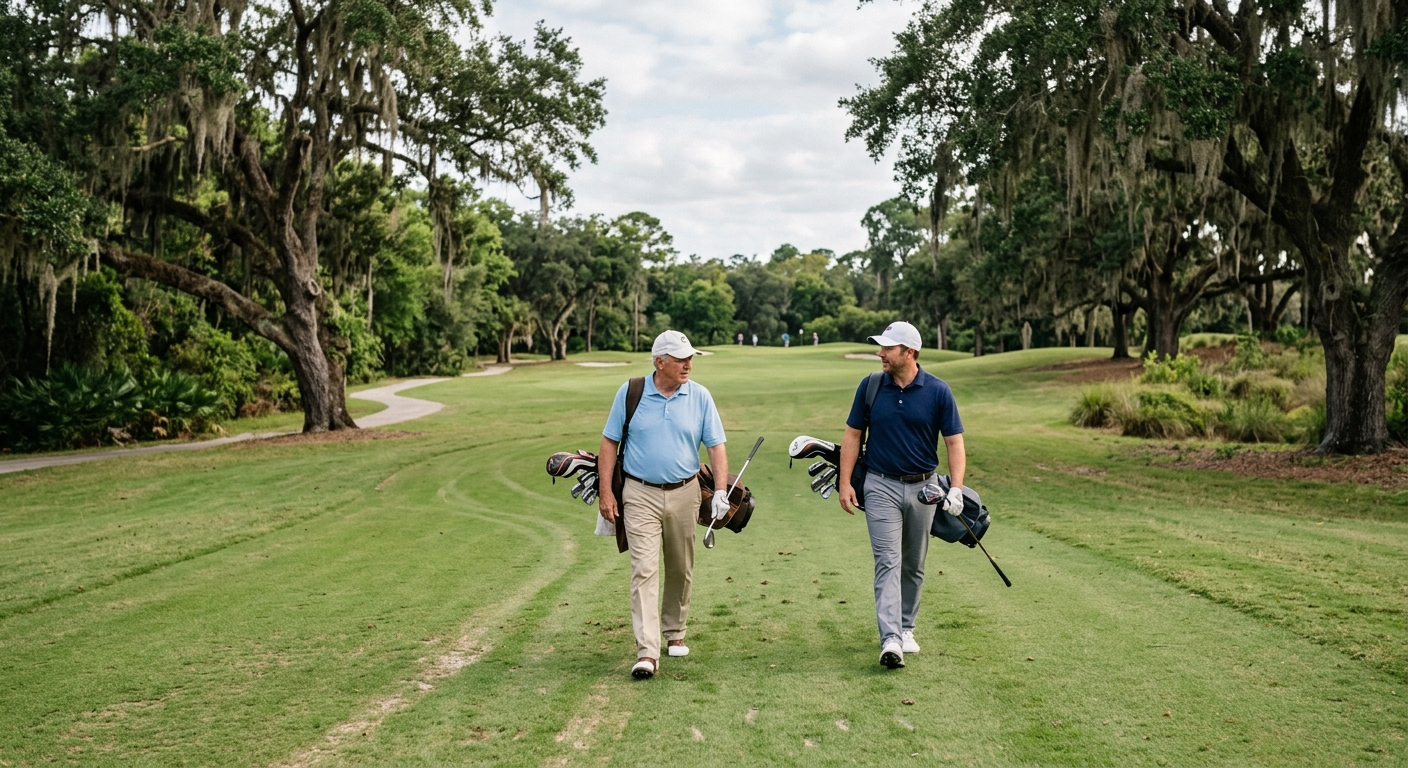 a pair of amateur golfers walking down a grassy fairway lined with large Southern oak trees holding golf clubs, natural everyday lighting, shot on a DSLR camera