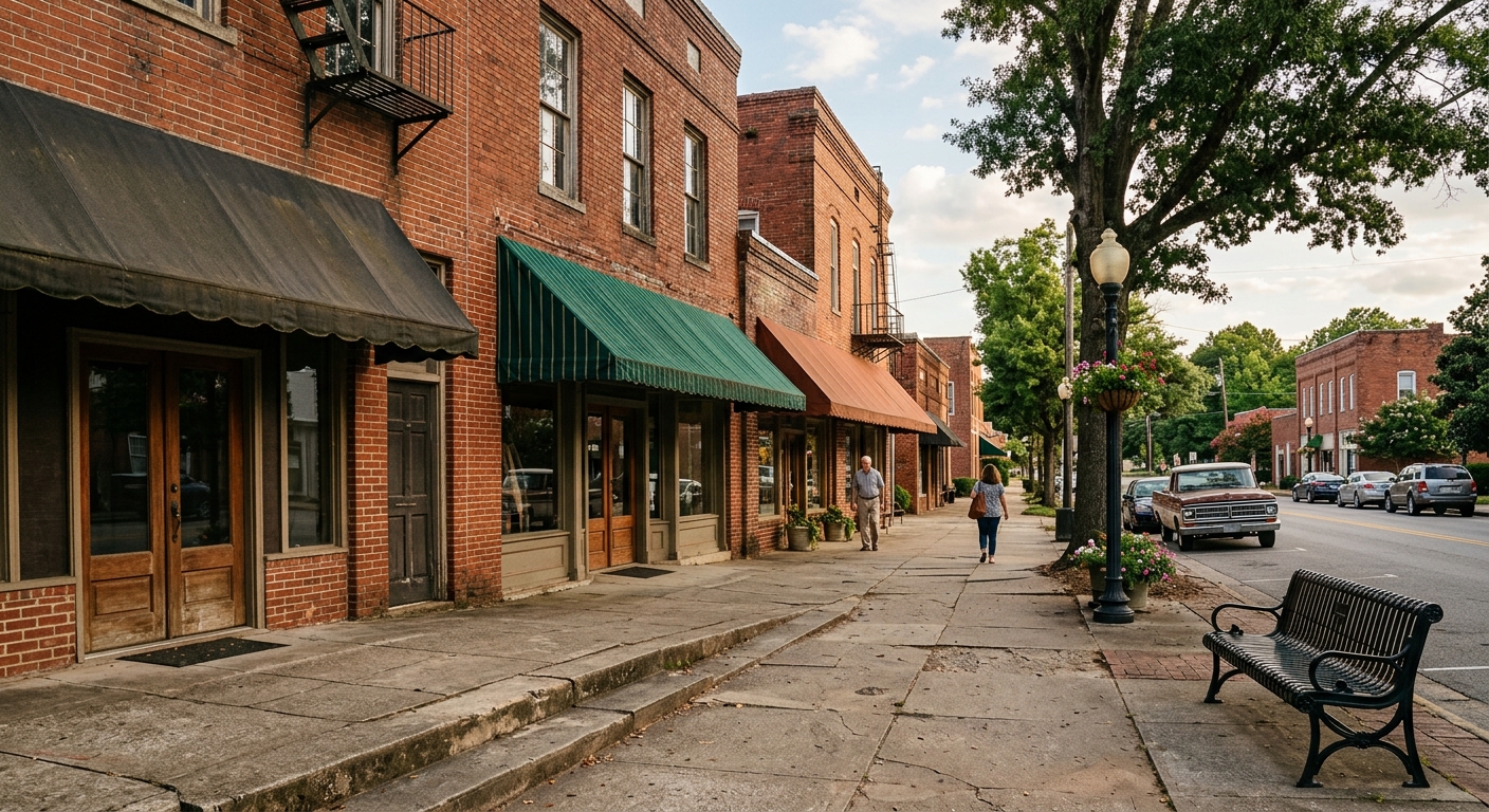 a traditional small town main street in the Southern United States, featuring historic red brick storefronts with fabric awnings, a paved sidewalk, and a wrough