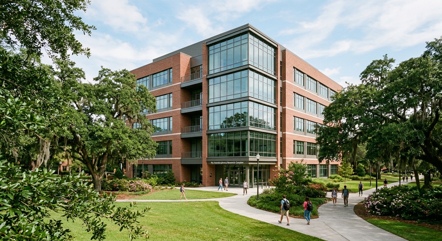 a modern eight-story university research building featuring a mix of brick and large glass windows, surrounded by green lawns and large oak trees typical of a S