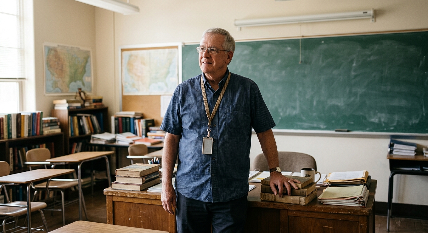 an older male high school teacher wearing a short-sleeve button-down shirt and a lanyard, standing near a wooden desk in a standard Southern American classroom