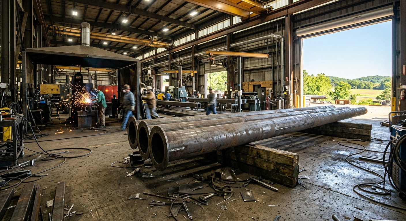 newly fabricated large steel utility poles resting on a concrete floor inside a busy industrial manufacturing facility, sparks flying in the distance near heavy