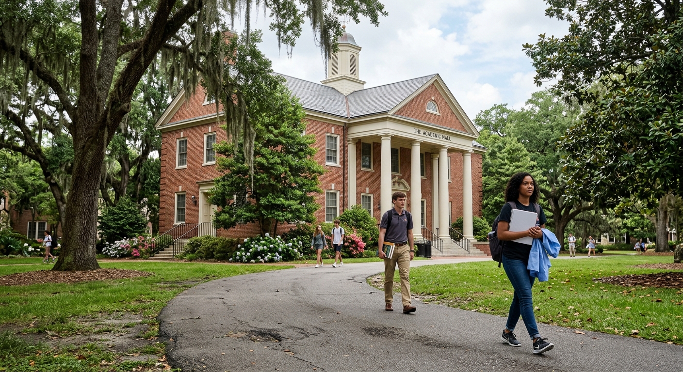 a traditional red brick academic building with white columns on a lush university campus in the Southern United States, surrounded by large oak trees, with a fe