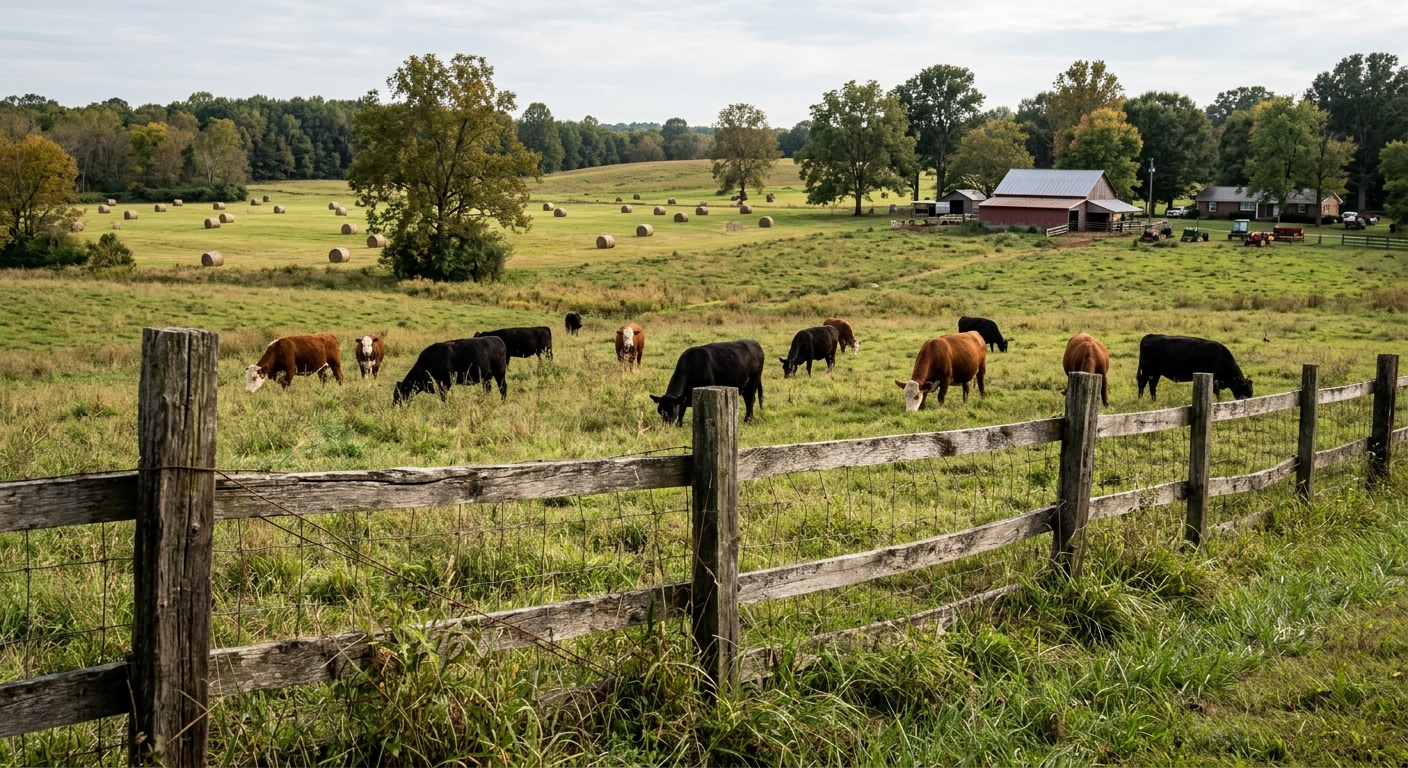 cattle grazing in a grassy pasture behind a rustic wooden fence, with round hay bales scattered in the background of a rural Southern United States farm landsca