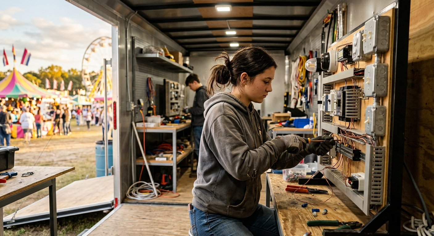 a young student interacting with a hands-on electrical wiring training station inside a brightly lit mobile workshop trailer, with fairground tents slightly out