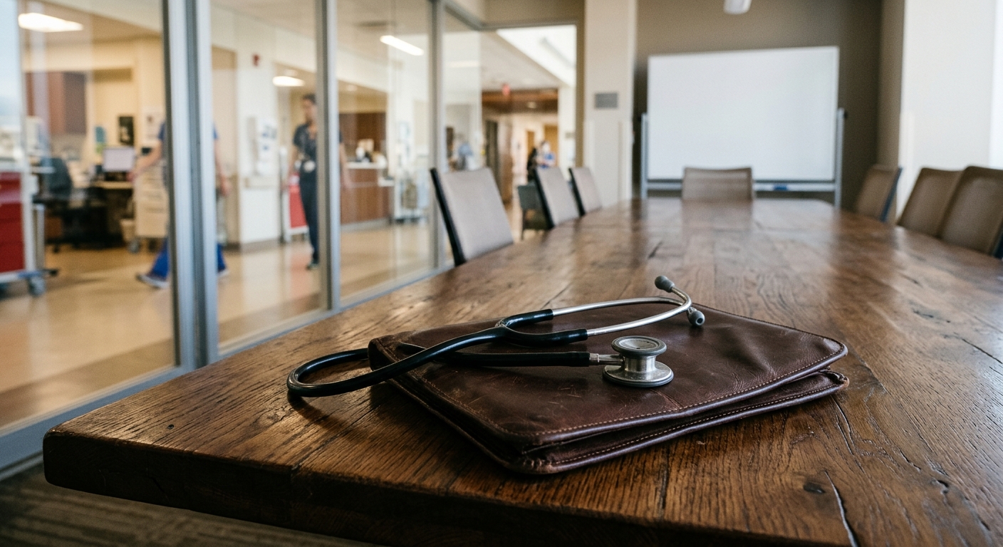 a stethoscope resting on a leather portfolio on a large wooden conference table in a bright hospital boardroom, with an out-of-focus medical facility hallway vi