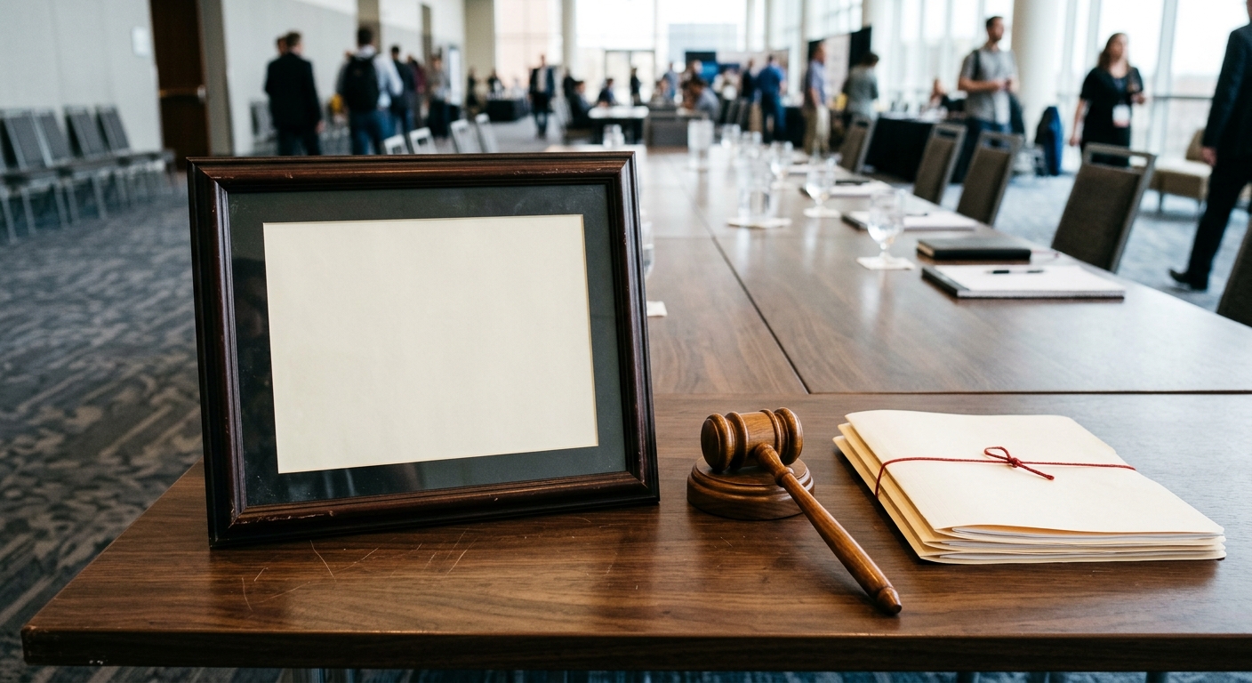 a blank award certificate in a dark wood frame next to a wooden gavel and a neat stack of manila folders on a long conference table inside a carpeted convention